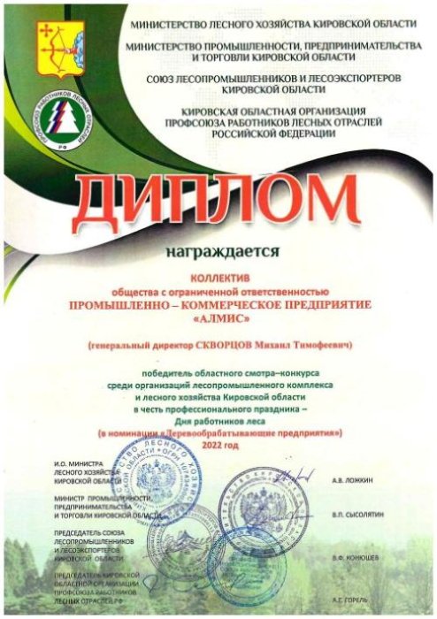 Диплом победителя областного смотра-конкурса  в номинации "Деревообрабатывающие предприятия" 2022г