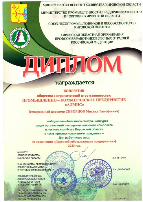 Диплом победителя областного смотра-конкурса в номинации "Деревообрабатывающие предприятия" 2023г